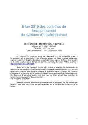 Bilan 2019 des contrôles de fonctionnement du système d'assainissement