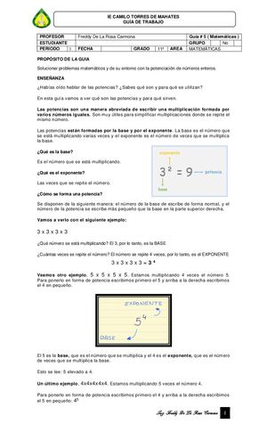 Guia # 5 Potenciacion De Enteros Estudiante