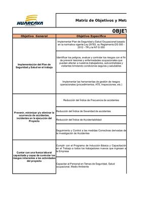 310428164 Matriz De Objetivos Y Metas De Seguridad Y Salud Ocupacional En Medio Ambiente