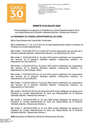 Arrêté de délégation de signature du Président du Conseil Départemental du Gard aux Responsables de la Direction Générale Adjointe « Ressources Internes » 42-DAJCP-2020