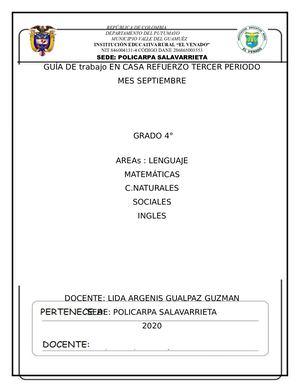Guia De Refuerzo Tercer Periodo, Septiembre Grado 4°