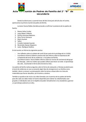 Acta De Reunión De Padres De Familia Del 2