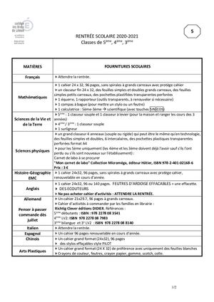 Liste Fournitures 5ème, 4ème, 3ème Annexe 5