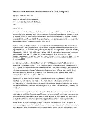Carta de renuncia de la secretaria de Salud, Natalia Elisa Meza Ángel