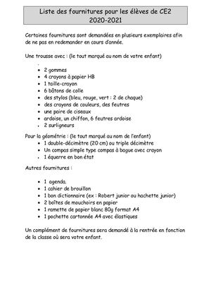 Fournitures Ce2 2020 2021