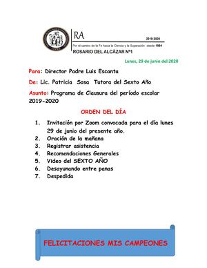 Clausura De Fin De Año Periodo 2019 2020 Sexto