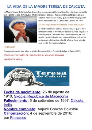 La Vida De La Madre Teresa De Calcuta