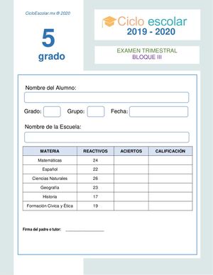 5 Grado Examen Trimestral Bloque Iii 2019 2020