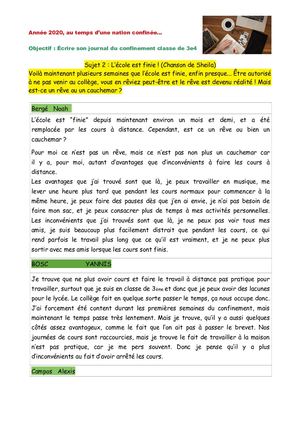 Un Confinement Classe De 3e4 Sujet 2 0