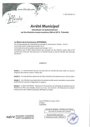 Arrete Municip 190614 Stationnement Interdit Tremelin