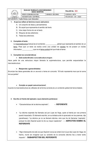 ANTONIO VANEGAS - DECIMO - TALLER MACROESTRUCTURA DEL TEXTO NARRATIVO