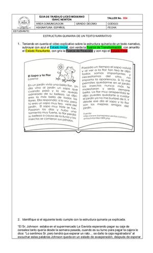 ESTRUCTURA QUINARIA DEL TEXTO NARRATIVO TALLER DECIMO