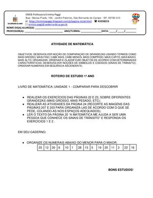 1ºs Anos Matemática Roteiro De Estudo