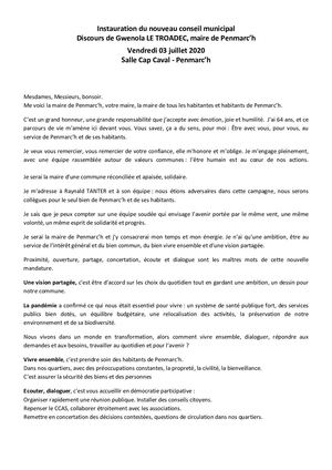 Mairie de Penmarc'h - Instauration conseil municipal - Discours Gwenola LE TROADEC, maire