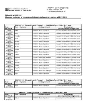 Llistes d'assignació per matrícula 2020-21