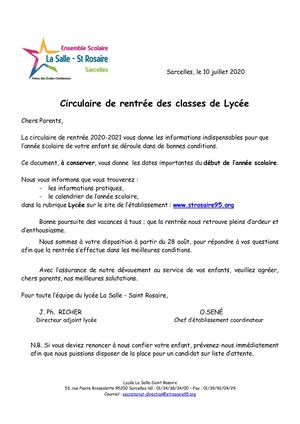 Circulaire Rentree Lycee 2020 2021site