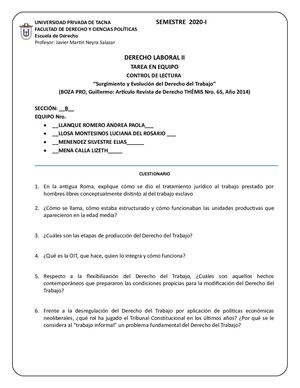 Tarea 2 Control Lectura Surgimiento Y Evol Del D Del Trabajo Hoja Desarrollo