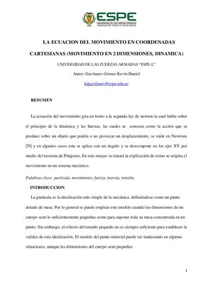 Ensayo, Tema: Ecuación del movimiento en coordenadas cartesianas.