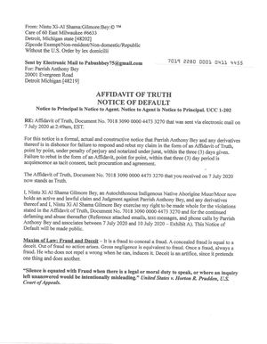 Notice Of Default to Parrish Anthony Bey with Exhibit A