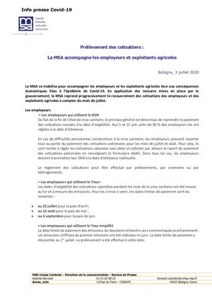 Info Presse Msa Prelevement Cotisations Employeurs Exploitants 03072020