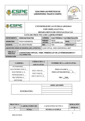 Guia De Laboratorio' Calorimetria Y Primera Ley De La Termodinamica