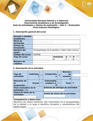 Guía De Actividades Y Rúbrica De Evaluación Fase 4 Evaluación Final Informe Psicológico