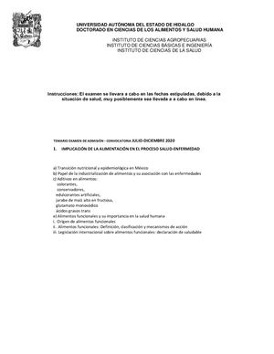 Temario Doctorado En Ciencias De Los Alimentos Y Salud Humana Jul Dic 2020