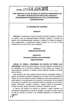 Ley 1755 Del 30 De Junio De 2015