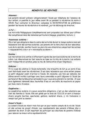 Memento Rentrée 2021/2022