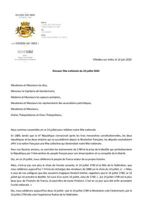 Discours du Maire à l'occasion du 14 Juillet 2020