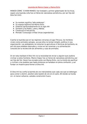 Leyenda De Manco Capac Y Mama Ocllo