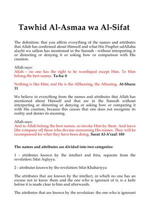 Tawhid Al Asmaa Wa Al Sifat