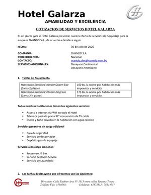 Cotizacion De Servicios Hotel Galarza