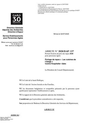 Arrêté fixation du prix des repas 2020 pour personnes âgées Portage de repas - UZES 2020 DAP 137