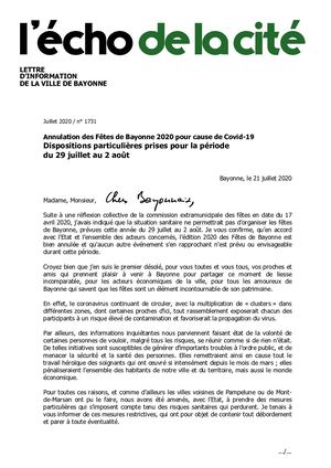 Echo de la cité n°1731 Annulation des Fêtes de Bayonne 2020