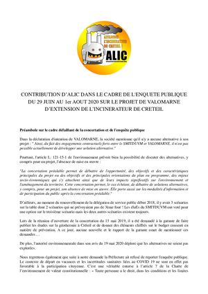 Contribution d'ALIC à l'enquête publique