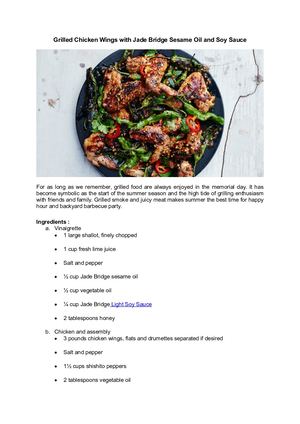 Grilled Chicken Wings With Jade Bridge Sesame Oil And Soy Sauce