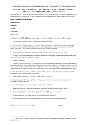 Attestation Individuelle De Déplacement Internationnal Dérogatoire