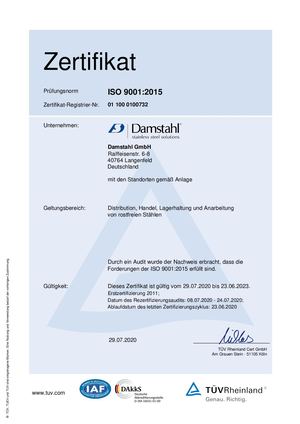 Damstahl ISO Zertikat 9001:2015 DE