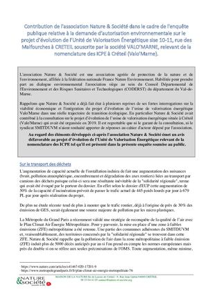 Enquête d'utilité publique Valomarne - Avis de Nature et Société-Maison de la Nature de Créteil