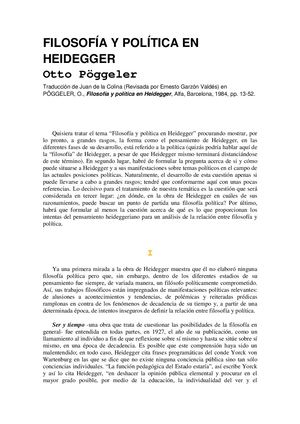 Otto Poggeler Filosofía Y Política En Heidegger