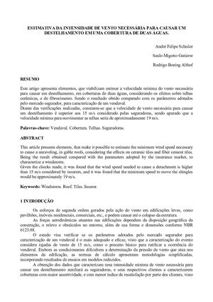 ESTIMATIVA DA INTENSIDADE DE VENTO NECESSÁRIA PARA CAUSAR UM DESTELHAMENTO EM UMA COBERTURA DE DUAS ÁGUAS.