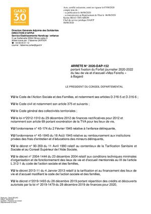 Arrêté fixation forfait journalier lieu de vie "Mas Feirefis" BAGARD - 2020 DAP 152