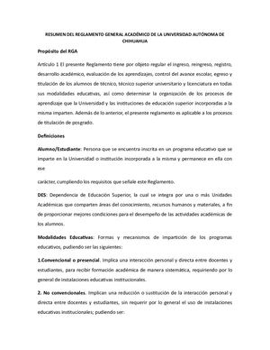 Resumen Del Reglamento General Académico De La Uach Ds
