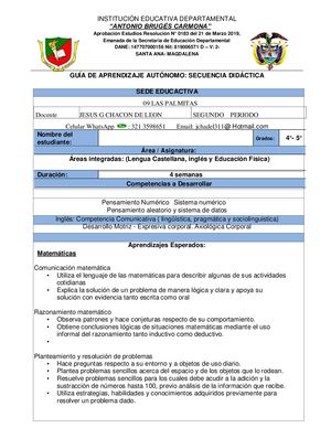 Guia De Aprendizaje Matematica Ingles