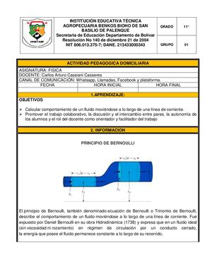 Taller De Hidrodinamica Principio De Bernoulli 2020