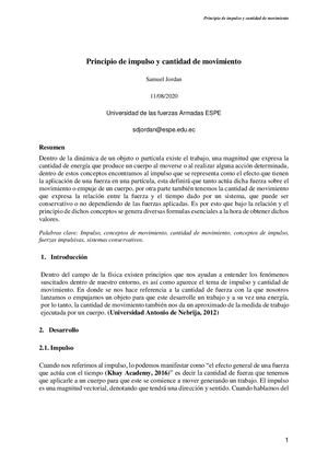 Principio De Impulso Y Cantidad De Movimiento