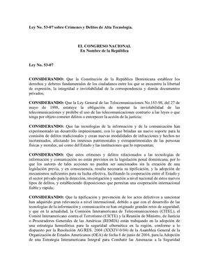 Ley 5307 Sobre Crimenes Y Delitos De Alta Tecnologia