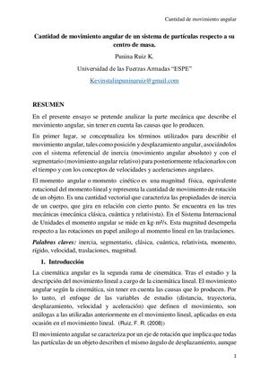 Cantidad De Movimiento Angular De Un Sistema De Partículas Respecto A Su Centro De Masa