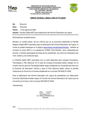 Circular 173 Registro Descriptivo De Logro Mep